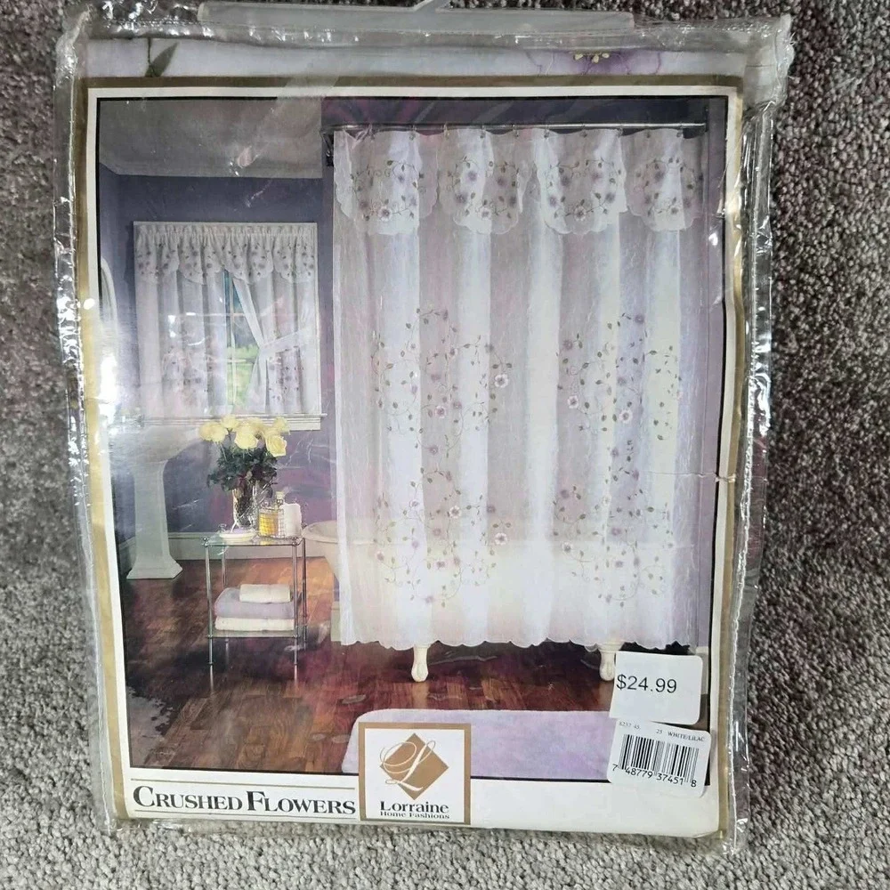 Lorraine Shower Curtain White Lilac Crushed Flowers Floral Valance 70x72